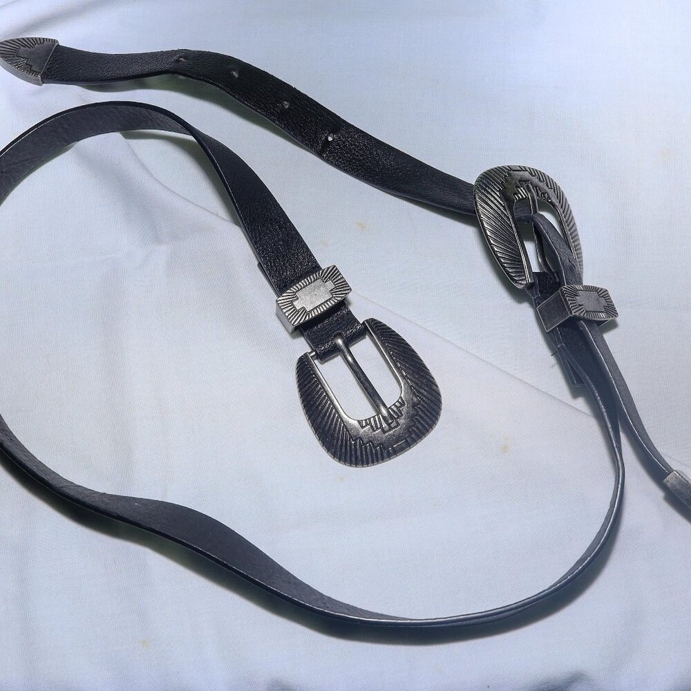 Black Leather Silver Double Buckle Belt